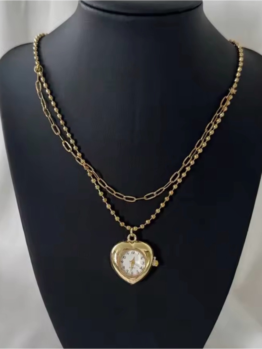 Vintage Style 14k Gold Filled Heart Locket Watch Statement Necklace